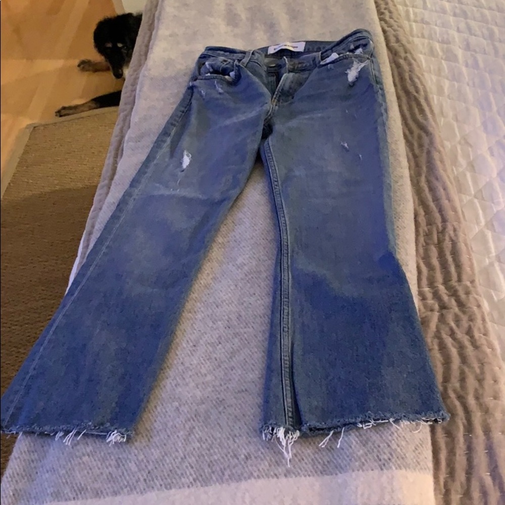 Flare bottom ankle crop raw hem reformation jean